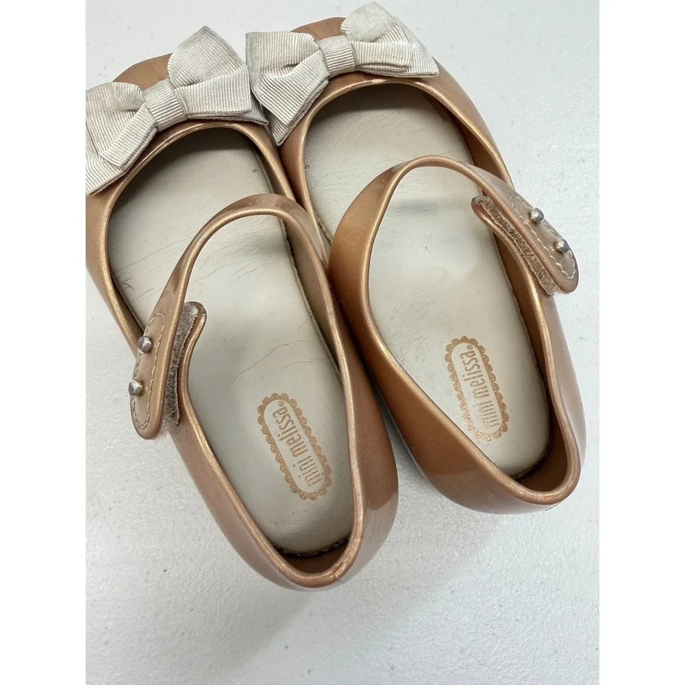 Mini Melissa Kids Rose Gold Bow Mary Jane Peep Toe Shoes Size 10 USA 27 EUR